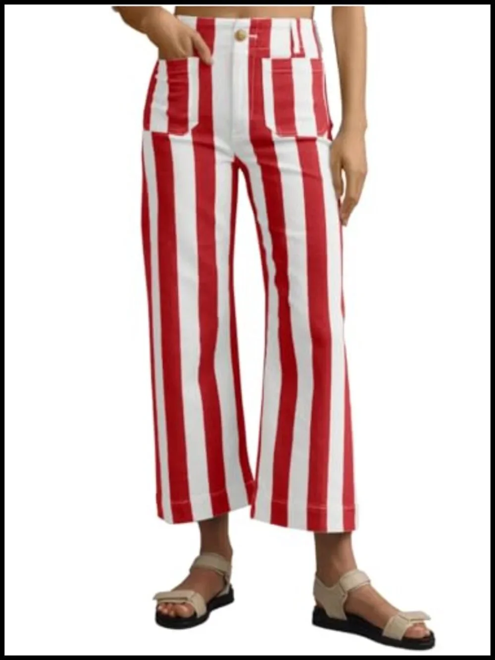 High Waisted Cropped Striped Denim Wide Leg Pants with Pockets